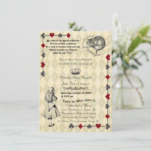 Uitnodiging voor bruiloft "Alice in Wonderland" 4x (Staand voorkant)