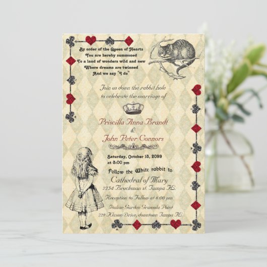 Uitnodiging voor bruiloft "Alice in Wonderland" 5x (Staand voorkant)