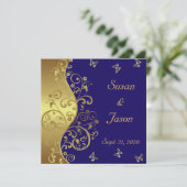 Uitnodiging voor bruiloft—Donkerblauw & goudzirls (Staand voorkant)