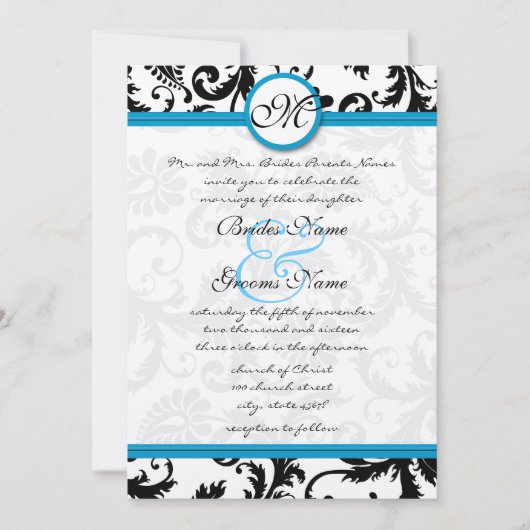 Uitnodiging voor bruiloft in Bright Aqua Damask Sw (Voorkant)