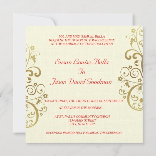 Uitnodiging voor bruiloft—Rood en goudzirls (Achterkant)