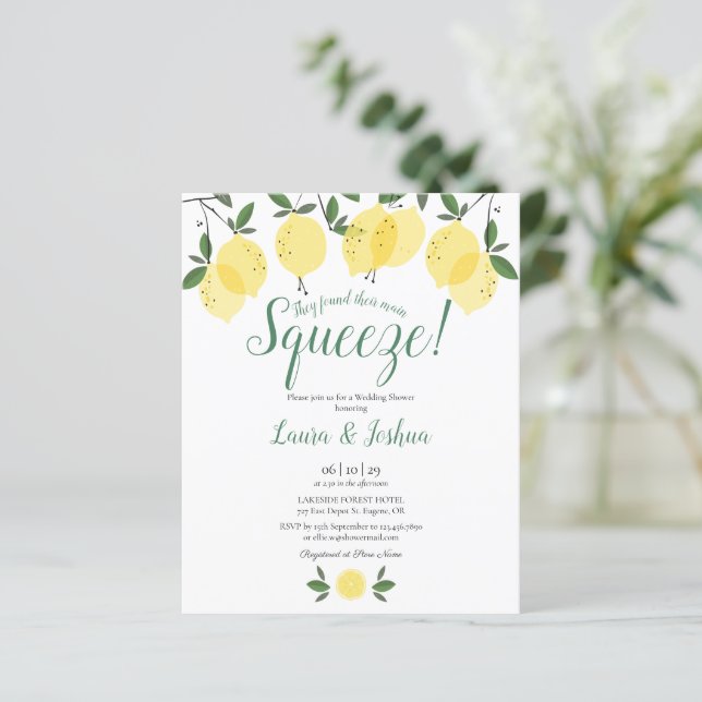 Uitnodiging voor budget voor citroen-thema bruidsf (Staand voorkant)