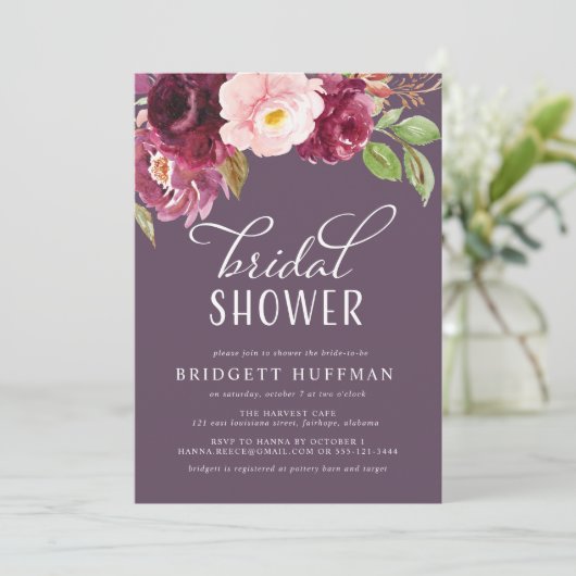 Uitnodiging voor Burgundy Bloom Shower (Staand voorkant)