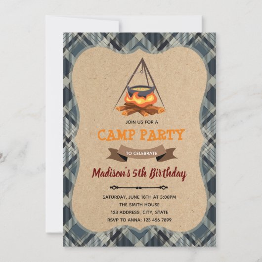 Uitnodiging voor camping-logeerfeest (Voorkant)