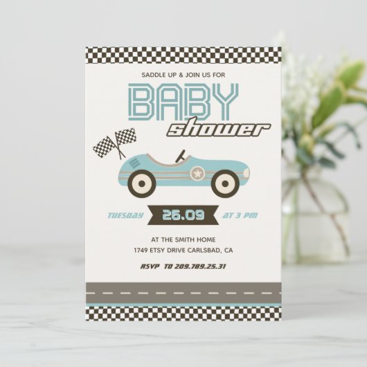 Uitnodiging voor Car Racing Baby shower (Staand voorkant)