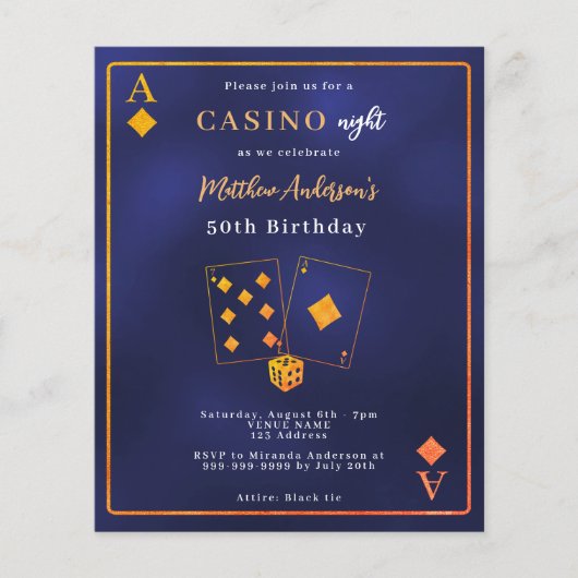 Uitnodiging voor casino-avond blauwe gouden verjaa (Voorkant)