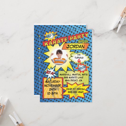 Uitnodiging voor Comic Book Karate Party (Voorkant / Achterkant in situ)