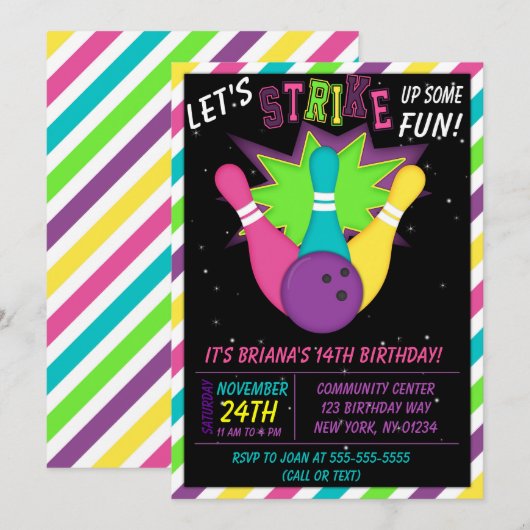 Uitnodiging voor Cosmic Bowling Meisjes Verjaardag (Voorkant / Achterkant)