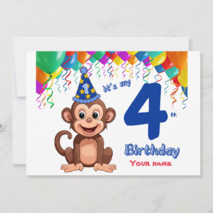 Uitnodiging voor de 4e verjaardag, Monkey Party Pe