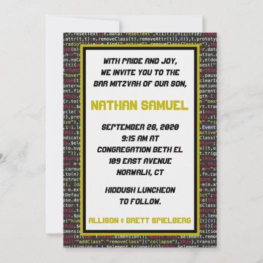 Uitnodiging voor de balie van de Coder Mitzvah (Voorkant)