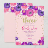 uitnodiging voor de derde verjaardag , roze paars (Voorkant / Achterkant)
