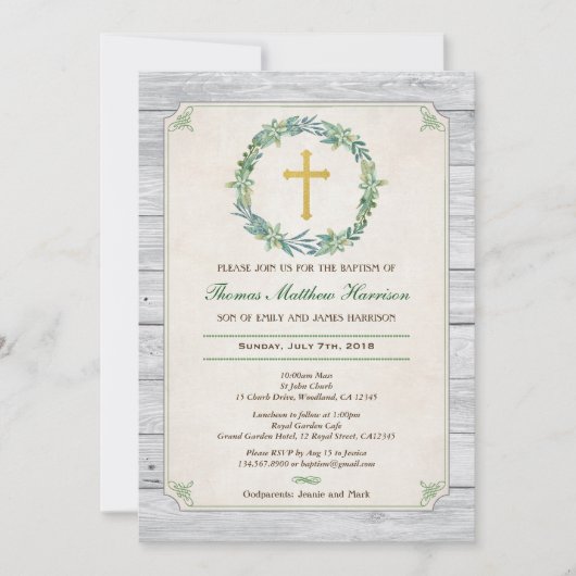 Uitnodiging voor de doop. Groene krans rustiek hou (Voorkant)