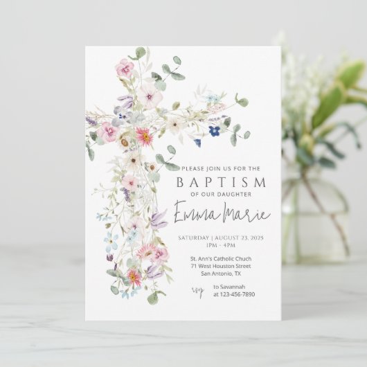Uitnodiging voor de doop met wilde bloemen kruis (Staand voorkant)