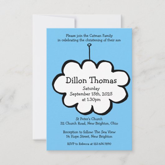 Uitnodiging voor de doop van Cloud on a String (Voorkant)