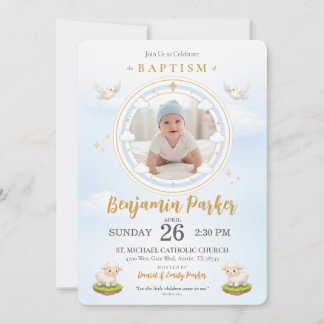 Uitnodiging voor de doop van een babyjongen met fo