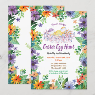 Uitnodiging voor de Easter Egg Hunt. Paarse bloeme