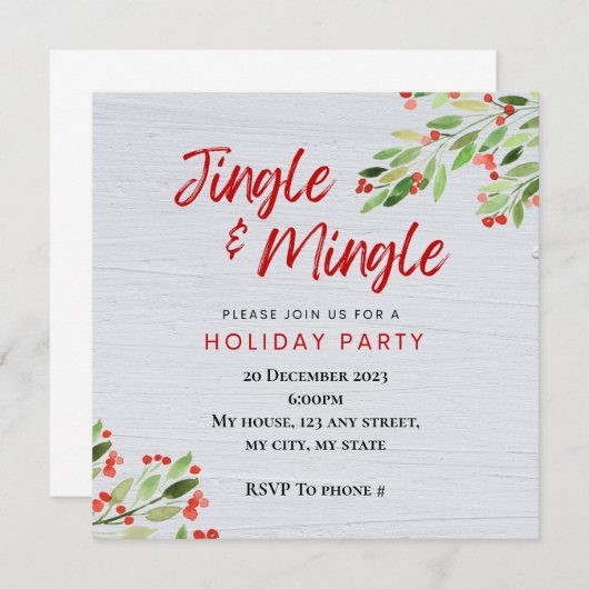 Uitnodiging voor de feestdag in Jingle & Mingle (Voorkant / Achterkant)
