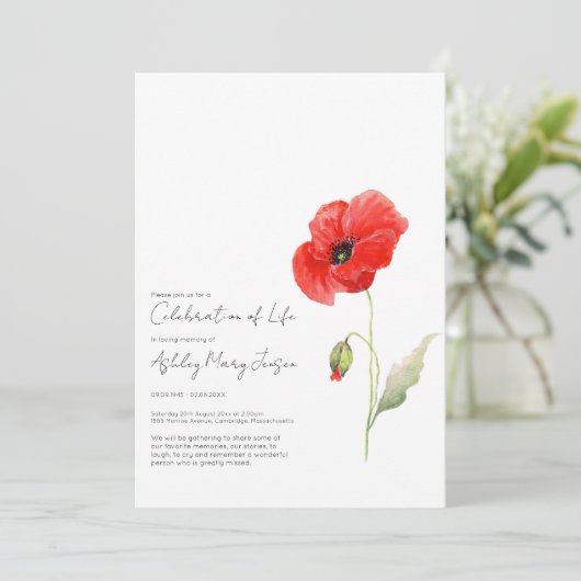 Uitnodiging voor de herdenkingsdienst voor Poppy (Staand voorkant)