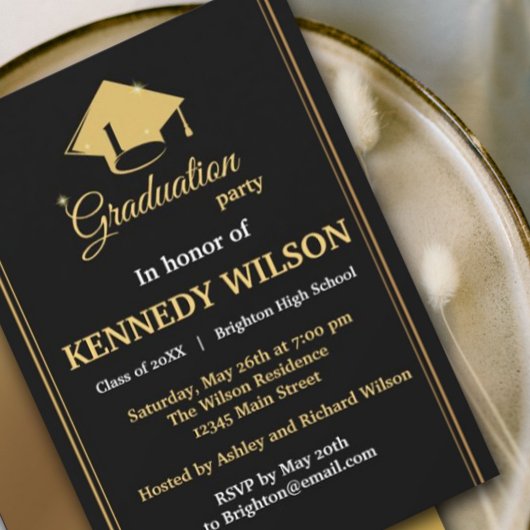 Uitnodiging voor de moderne Black Gold Graduation 