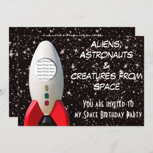Uitnodiging voor de verjaardag van Aliens & Astron (Voorkant / Achterkant)