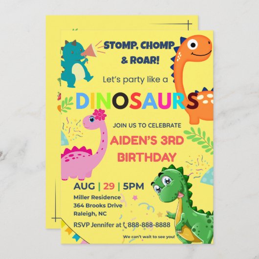 Uitnodiging voor de verjaardag van de dinosaurus (Voorkant / Achterkant)