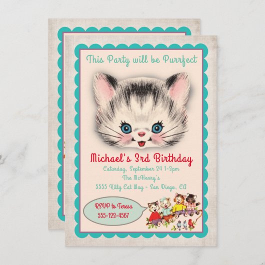  uitnodiging voor de wedstrijd Kitty Cat Birthday (Voorkant / Achterkant)