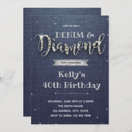 Uitnodiging voor denim en diamanten themafeest (Voorkant / Achterkant)