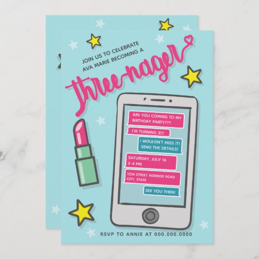 Uitnodiging voor derde verjaardagsfeestje van grap (Voorkant / Achterkant)