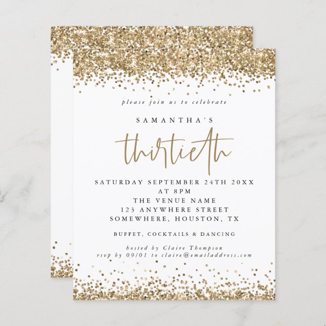 Uitnodiging voor dertigste feestje met budget goud (Voorkant / Achterkant)