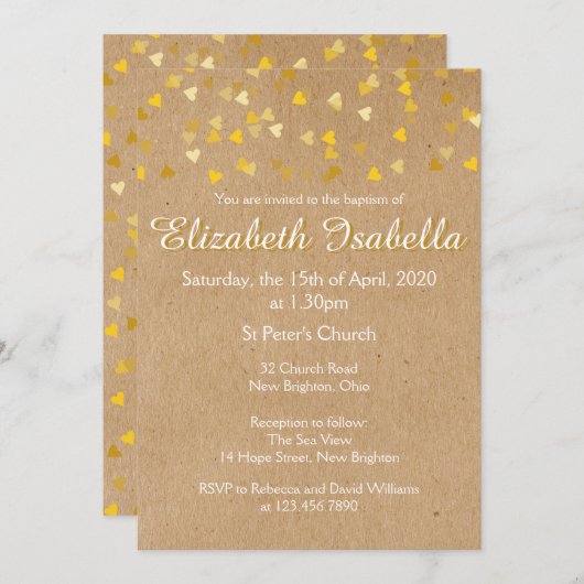 Uitnodiging voor doop of eerste communie met goude (Voorkant / Achterkant)