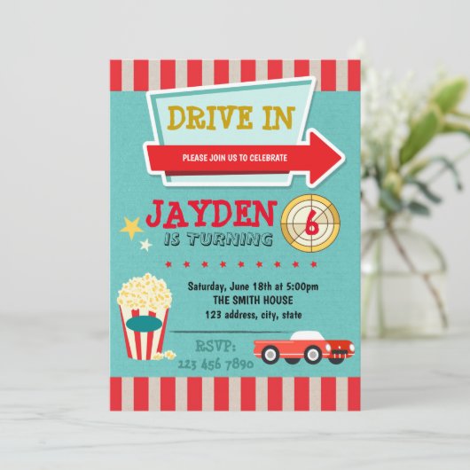 Uitnodiging voor drive-in themabioscoopfeest (Staand voorkant)