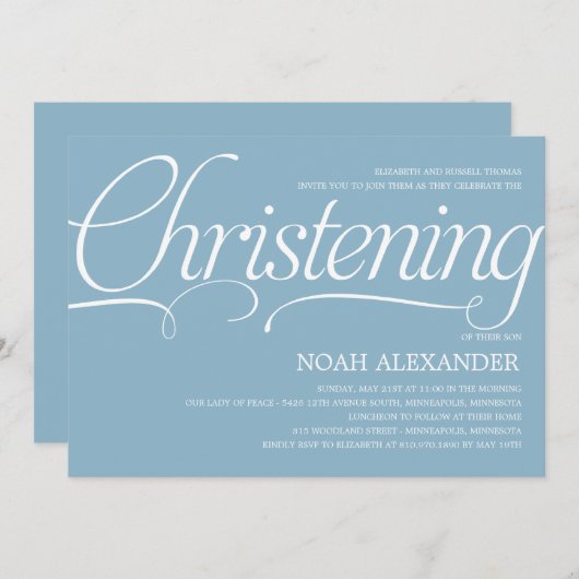 Uitnodiging voor edele Script Christening - Blauw (Voorkant / Achterkant)