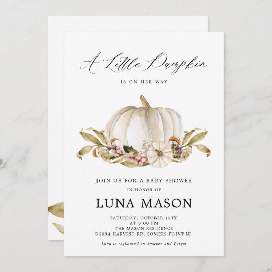 Uitnodiging voor een Baby Shower: Een Klein Pompoe (Voorkant / Achterkant)