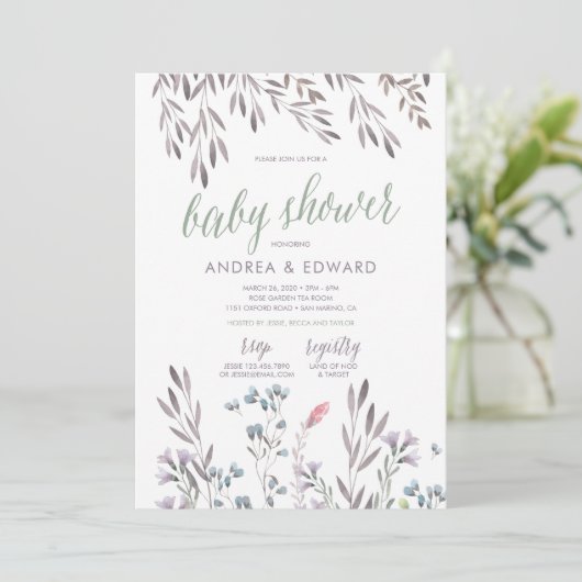 Uitnodiging voor een baby shower met wilde bloemen (Staand voorkant)