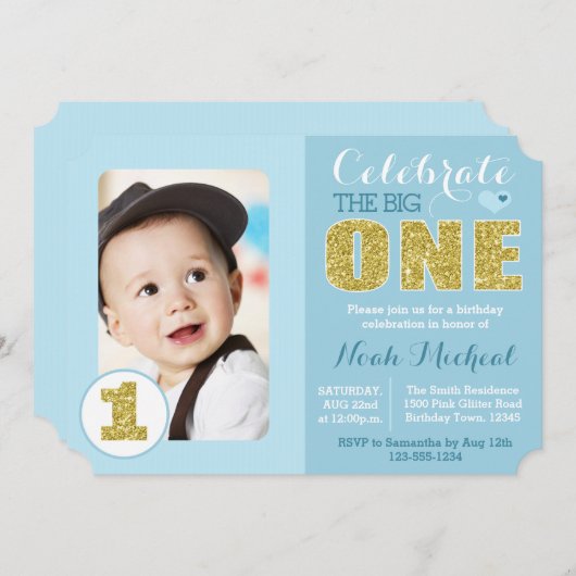 Uitnodiging voor een Blauwe en Gouden Eerste Dag (Voorkant / Achterkant)