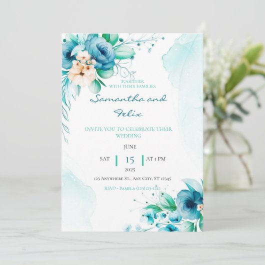 uitnodiging voor een blauwe en groene bruiloft (Staand voorkant)