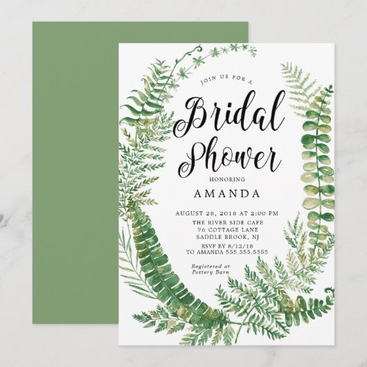 Uitnodiging voor een botanische varenbruidsdouche (Voorkant / Achterkant)