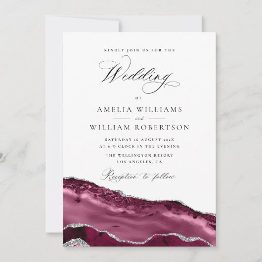 uitnodiging voor een bruiloft met burgundy en zilv (Voorkant)