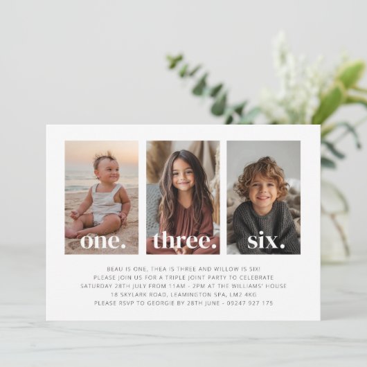 Uitnodiging voor een drievoudige verjaardag met fo (Staand voorkant)