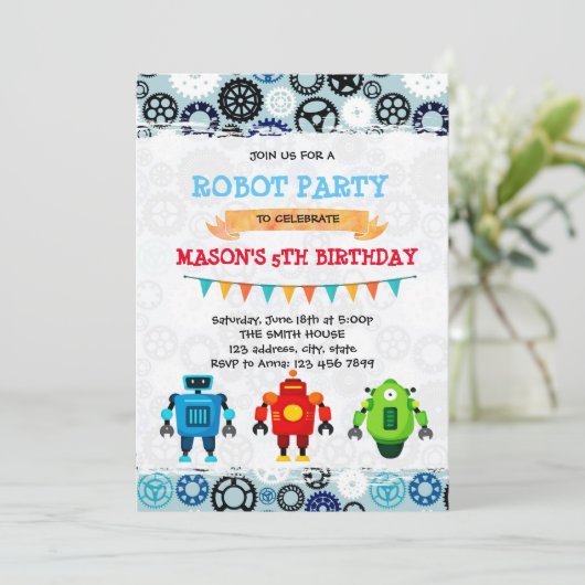 Uitnodiging voor een feestje met een leuk robot th (Staand voorkant)