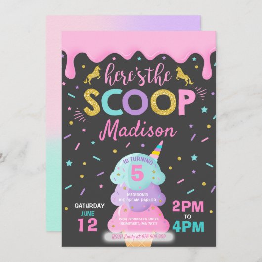 Uitnodiging voor een ijsje Eenhoorn Ice Cream Part (Voorkant / Achterkant)