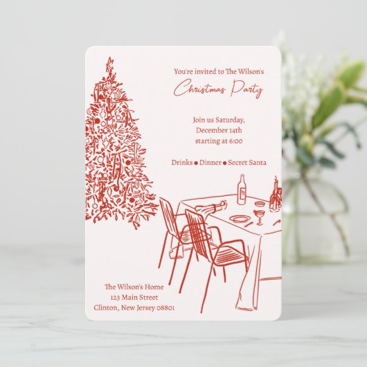 Uitnodiging voor een Kerst Diner Party in het Rood (Staand voorkant)