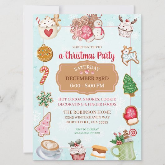 Uitnodiging voor een kerstkoekjes bakken hot cocoa (Voorkant)
