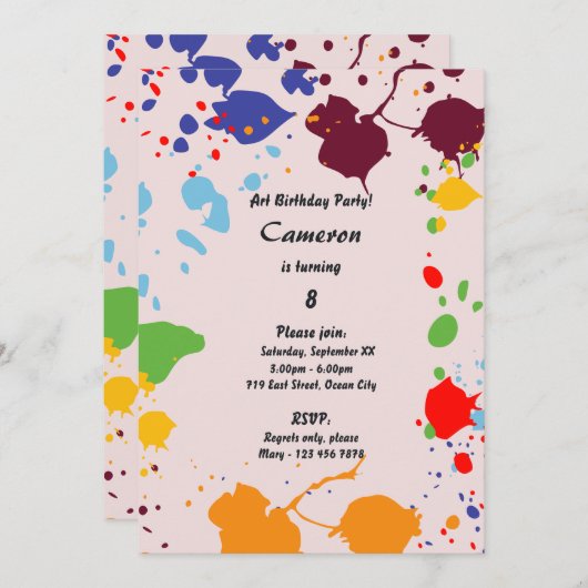 Uitnodiging voor een kunstzinnig 8-jarig verjaarda (Voorkant / Achterkant)