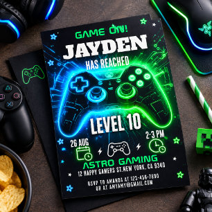 Uitnodiging voor een "Level Up" verjaardagsfeestje