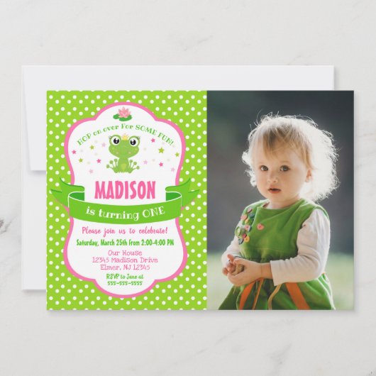 Uitnodiging voor een meisje als Cute Frog Princess (Voorkant)