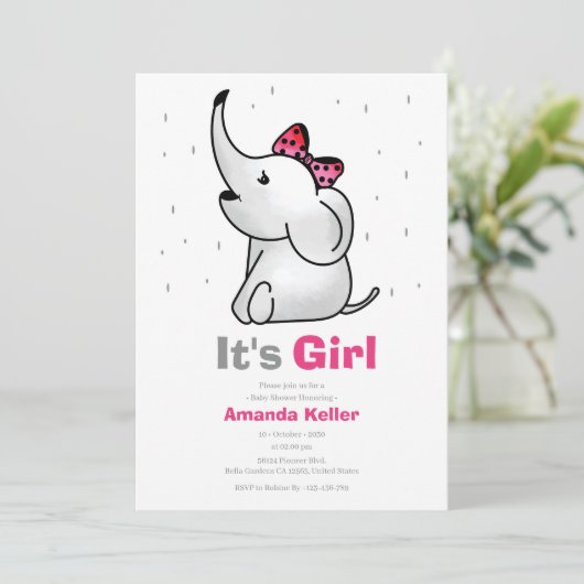 Uitnodiging voor een olifant baby shower voor meis (Staand voorkant)