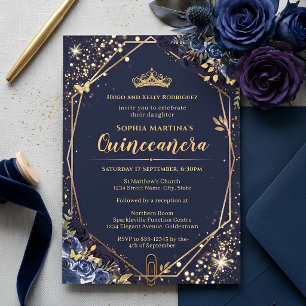 Uitnodiging voor een Quinceanera in marineblauw en