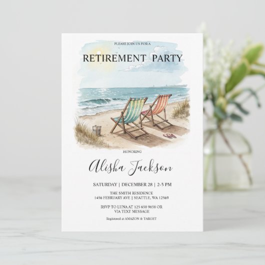 Uitnodiging voor een Retirement Party - Beach Loun (Staand voorkant)