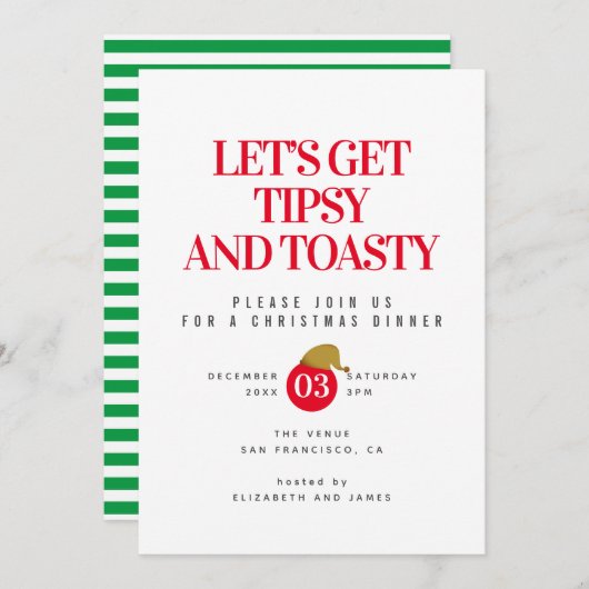 Uitnodiging voor een Tipsy en Toasty kerstdinermaa (Voorkant / Achterkant)